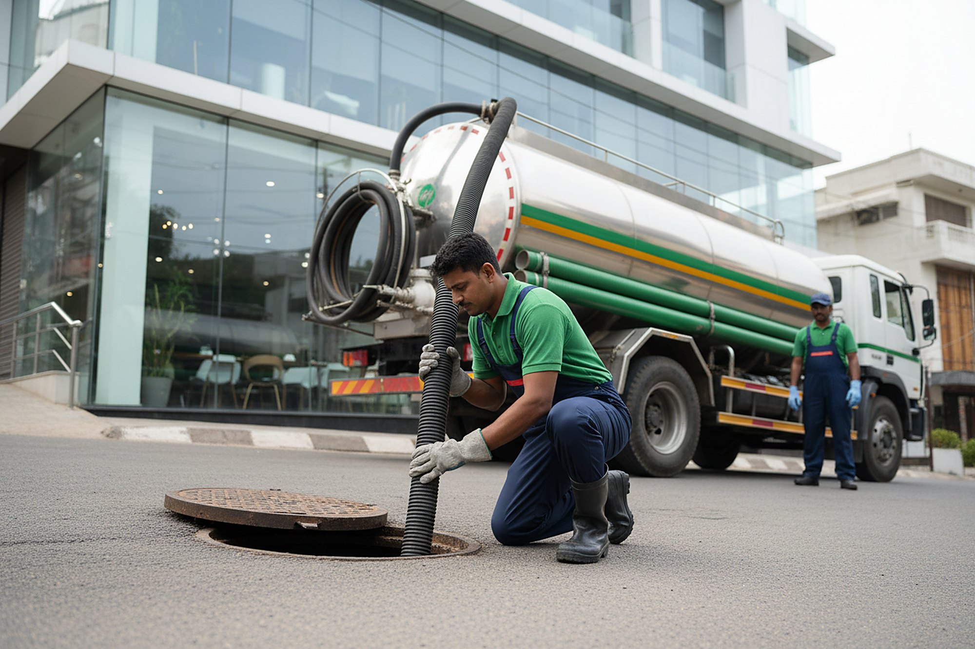 Septic tank cleaning crew at work in Banjara Hills, Hyderabad