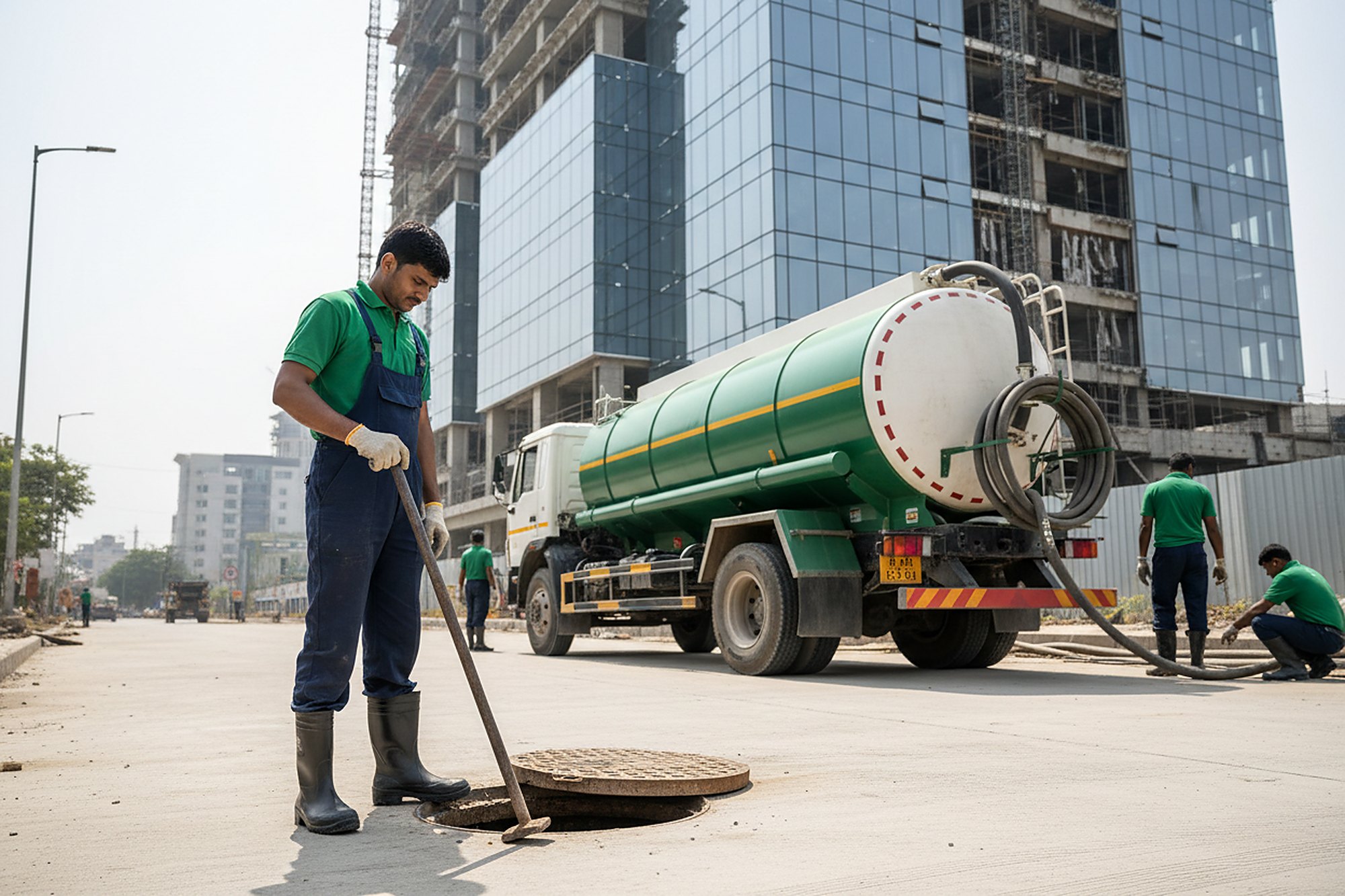 Septic tank cleaning crew at work in Gachibowli, Hyderabad