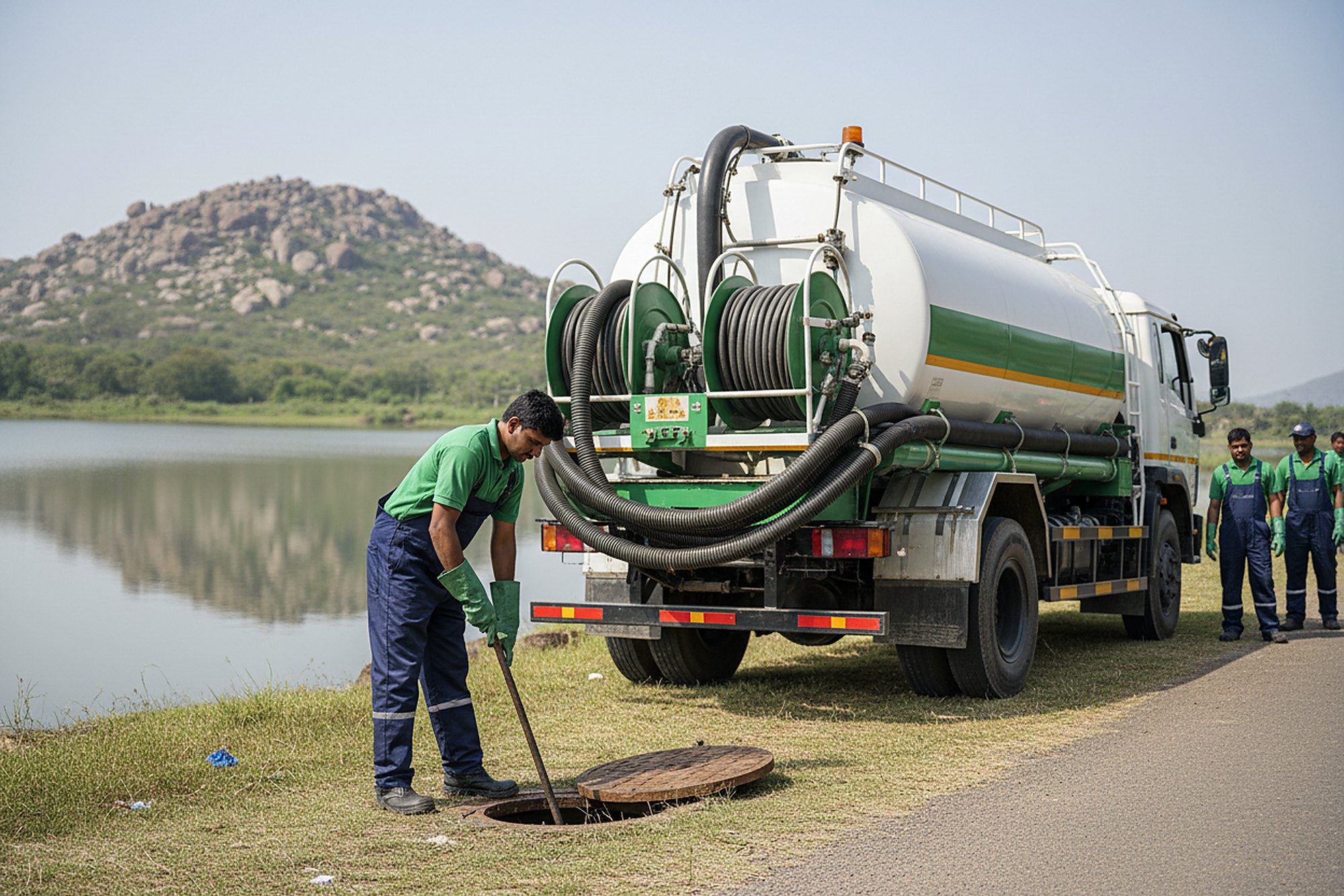 Septic tank cleaning crew at work in Khajaguda, Hyderabad