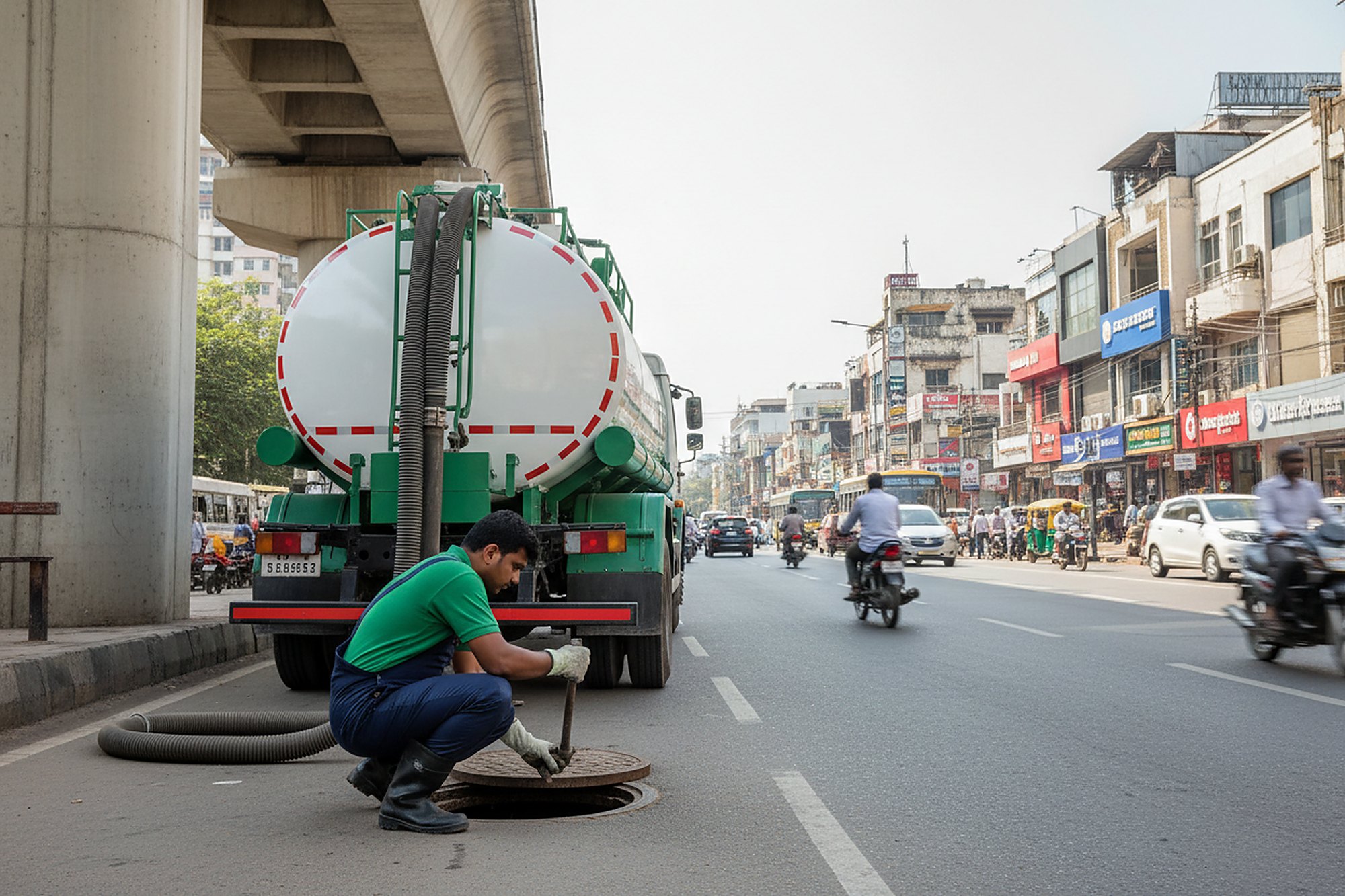 Septic tank cleaning crew at work in Kothaguda, Hyderabad