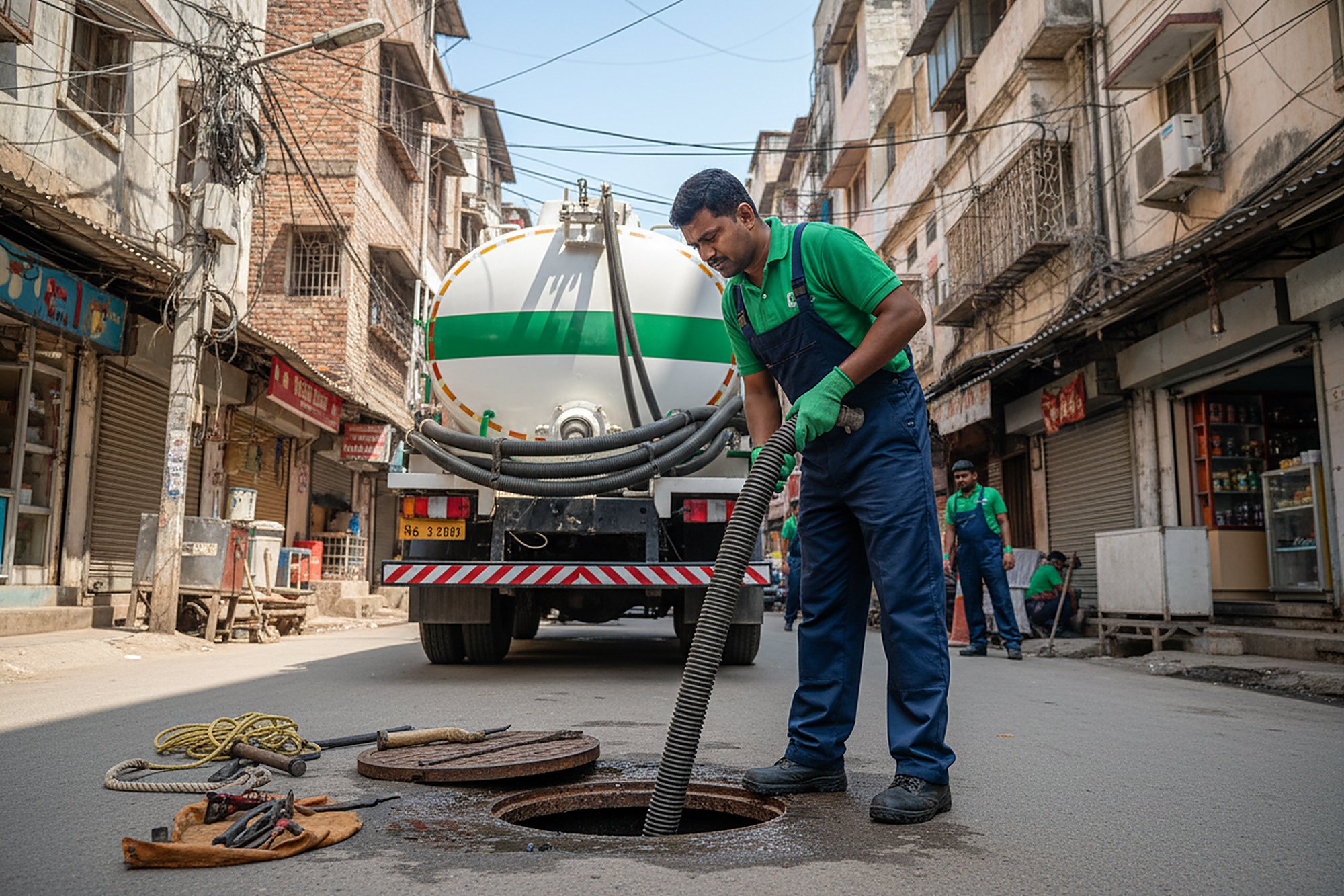 Septic tank cleaning crew at work in Madhapur, Hyderabad
