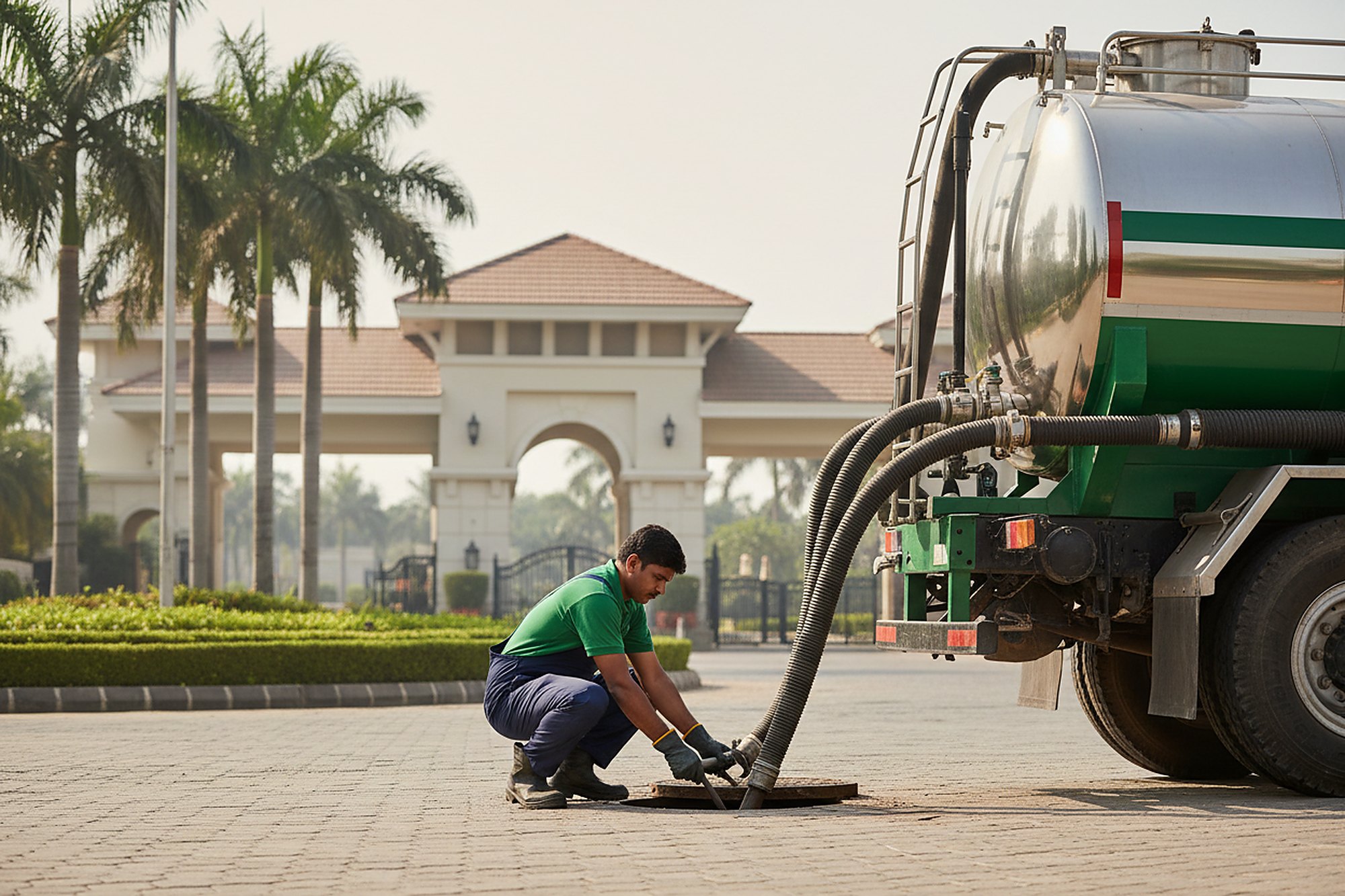 Septic tank cleaning crew at work in Nallagandla, Hyderabad