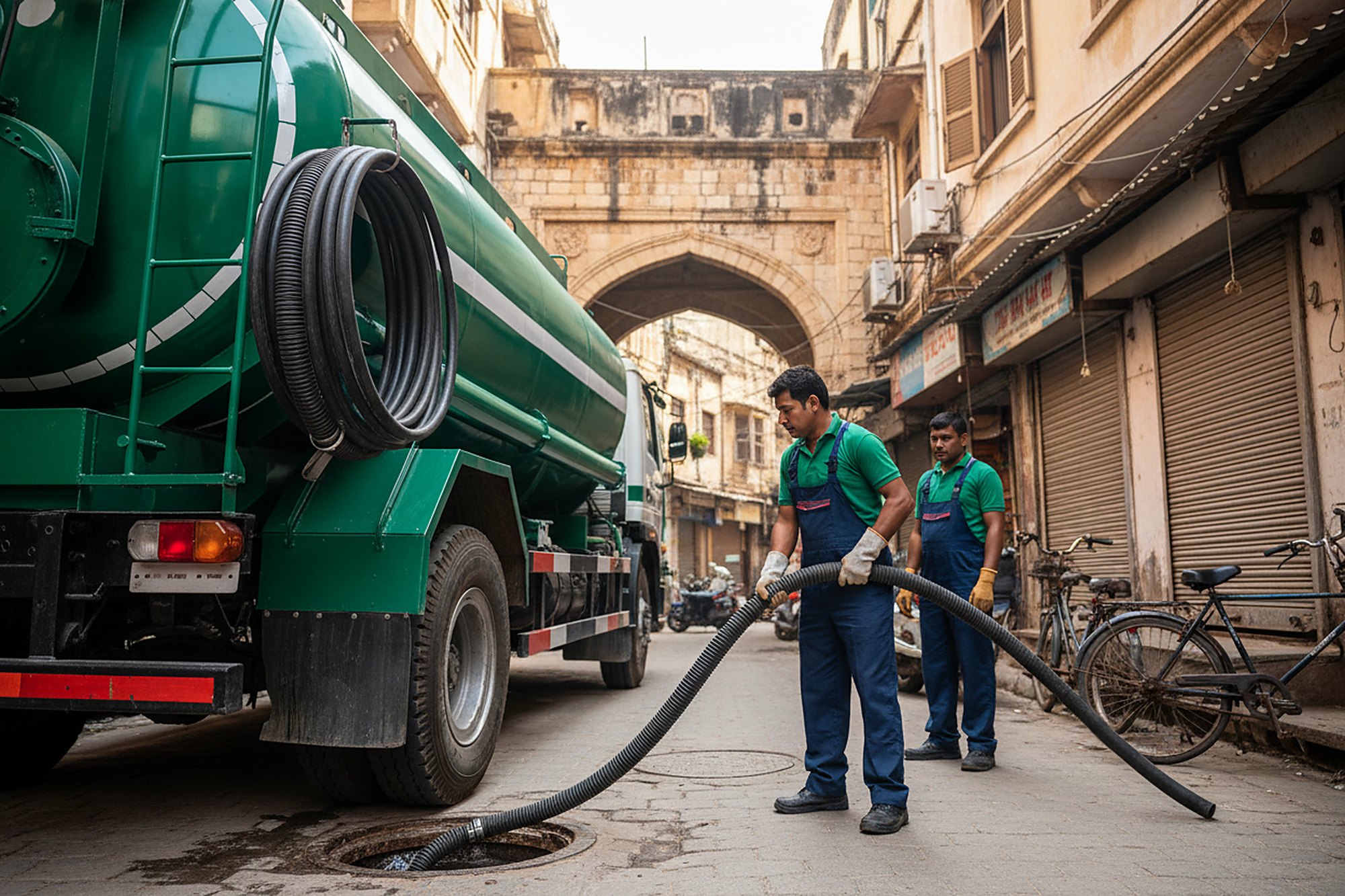 Septic tank cleaning crew at work in Shaikpet, Hyderabad