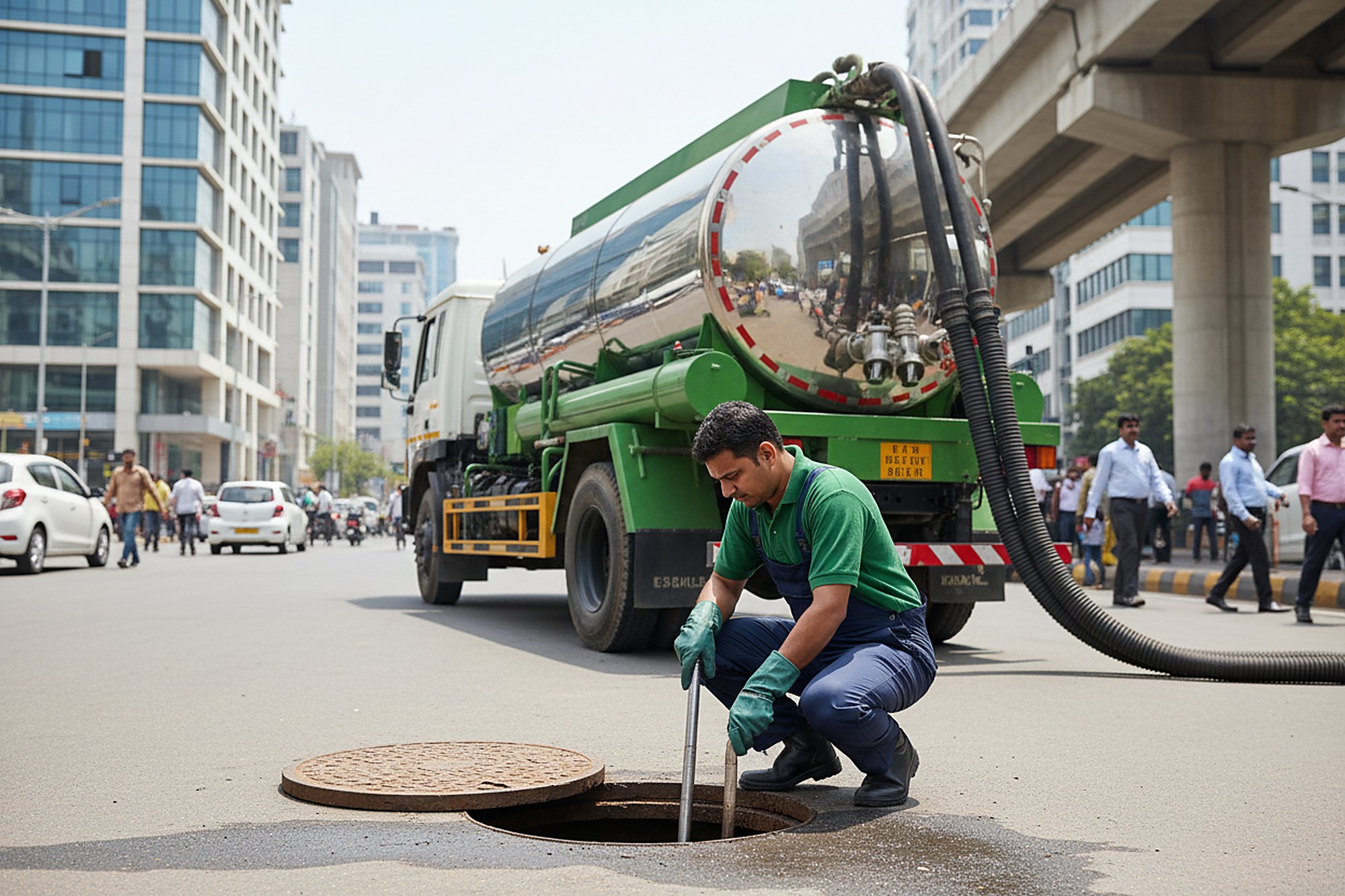 Septic tank cleaning crew at work in Somajiguda, Hyderabad